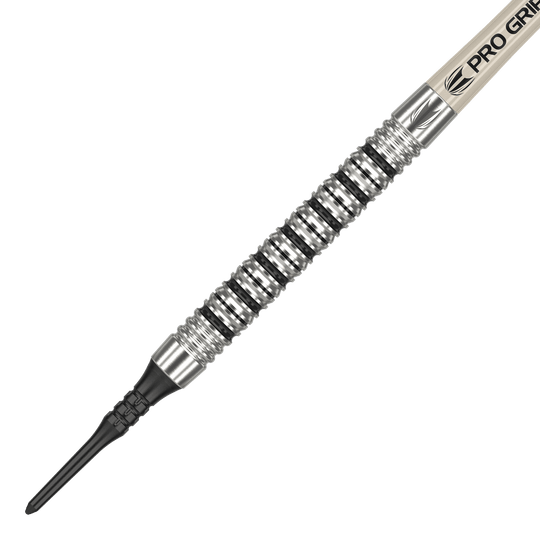 Target EXO 11 Soft Darts Das Bild zeigt den Target EXO 11 Softdart. Der Dart hat eine silberne, gerillte Griffzone und eine schwarze Kunststoffspitze.