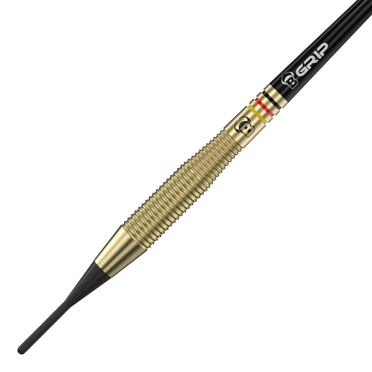 Bulls Martin Schindler The Wall Brass Softdarts - 18g Das Bild zeigt einen Bulls Martin Schindler The Wall Brass Softdart mit einem Gewicht von 18g. Der Dartpfeil hat einen goldfarbenen, geriffelten Messingkörper und eine schwarze Softspitze.
