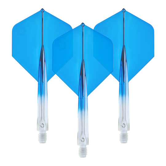Unicorn Forge Two Tone No2 Standard Flights in Klar Blau, Medium, als Set dargestellt. Sie eignen sich zum Auswechseln für Dartpfeile.