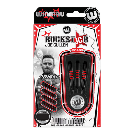 Winmau Joe Cullen Brass Steeldarts - 20g Das Bild zeigt die Verpackung der "Winmau Joe Cullen Brass Steeldarts - 20g". In der Verpackung sind drei schwarze Steeldarts mit roten Akzenten zu sehen.