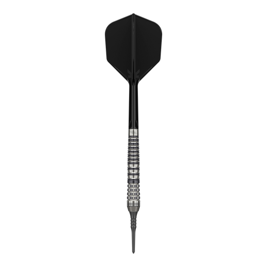 Das Bild zeigt einen schwarzen Softdart namens "Target Japan Black Marque Renegade 4" mit einem Gewicht von 19g. Der Dart hat ein elegantes Design mit einem strukturierten Griff und schwarzer Spitze sowie schwarzem Flight.