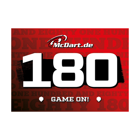 698_McDart_180er_Schilder_10_Stk_2 Das Bild zeigt ein rotes Schild mit der großen, weißen Zahl "180" in der Mitte. Oben steht "McDart.de" und unten der Schriftzug "GAME ON!".