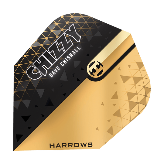Harrows Prime Dave Chisnall Chizzy 2 No6 Flights Das Bild zeigt ein Dartflight-Design in Schwarz und Gold mit geometrischen Mustern. Auf dem Flight stehen die Namen "CHIZZY", "Dave Chisnall" und "HARROWS".