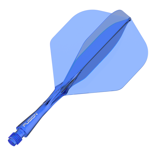 Winmau Fusion Flight Shaft System Standard Blue Das Bild zeigt ein blaues Dart-Flightsystem mit integriertem Schaft. Auf dem Schaft steht das Wort "FUSION".