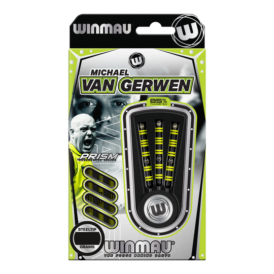 Winmau Michael Van Gerwen 85 Pro-Series steel darts Das Bild zeigt eine Packung Winmau Michael Van Gerwen 85 Pro-Series Steeldarts. In der Verpackung sind drei Dartpfeile mit gelb-schwarzem Design sichtbar.