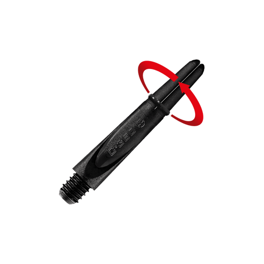 HR458_Harrows_Carbon_360_Shafts_Schwarz_35mm_2_Symbol Das Bild zeigt einen schwarzen Dart-Schaft mit einer drehenden roten Pfeilmarkierung. Der Schaft hat die Aufschrift „C-360“ und ein Gewinde am unteren Ende.