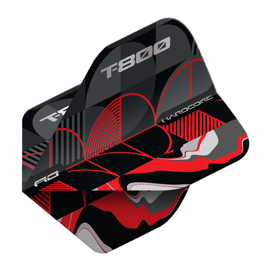 Das Bild zeigt das Produkt "Red Dragon Hardcore T-800 No2 Standard Flights". Die Flights sind schwarz, rot und grau gemustert und tragen die Aufschrift "T-800" und "Hardcore".