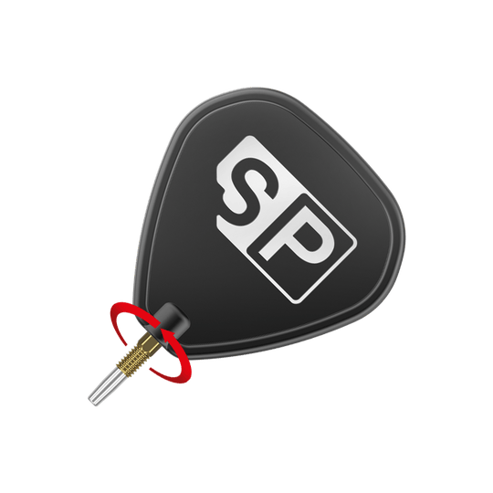 Target Swiss Point Gold dart tips Das Bild zeigt eine schwarze Dart-Flügel mit den weißen Buchstaben "SP" darauf. Unten ist eine goldene Dartspitze mit einem roten Pfeil, der eine Drehbewegung anzeigt.