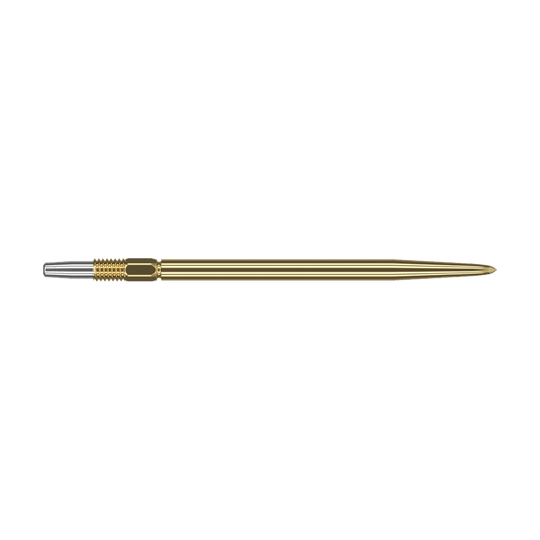 Target Swiss Point Gold dart tips Auf dem Bild ist eine goldene Dartspitze zu sehen. Sie ist schlank, lang und hat ein silbernes Ende zum Befestigen am Dartpfeil.