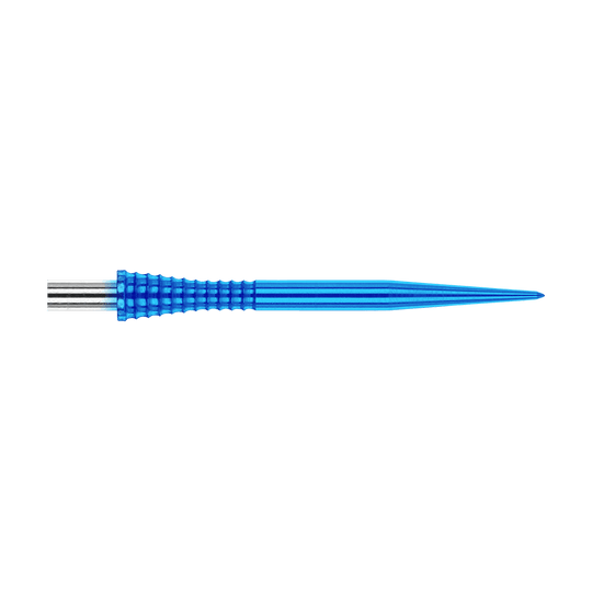 Red Dragon Raptor Gripped Blue steel dart tips 30mm Das Bild zeigt eine blaue Dartspitze mit griffiger Struktur aus Metall. Es handelt sich um das Produkt "Red Dragon Raptor Gripped Blue Steeldartspitzen 30mm".