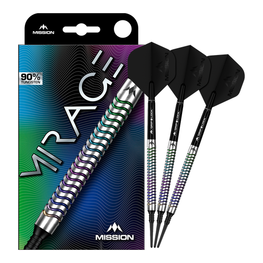 Mission Mirage soft darts - 20g Mission Mirage Softdarts - 20g sind auf diesem Bild zu sehen. Das Bild zeigt die Darts in voller Ansicht.