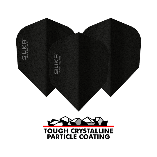 Harrows Silica Solid Tough Crystalline Coating Black No6 Flight Das Bild zeigt drei schwarze Dart-Flights der Marke Harrows Silika mit der Aufschrift "SILIKA HARROWS". Unter den Flights befindet sich ein Logo mit der Aufschrift "TOUGH CRYSTALLINE PARTICLE COATING".