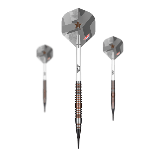 Das Bild zeigt die Bulls NL Max Hopp E5 Softdarts mit einem Gewicht von 20g. Diese Softdarts sind speziell für präzises Dartspiel entwickelt.