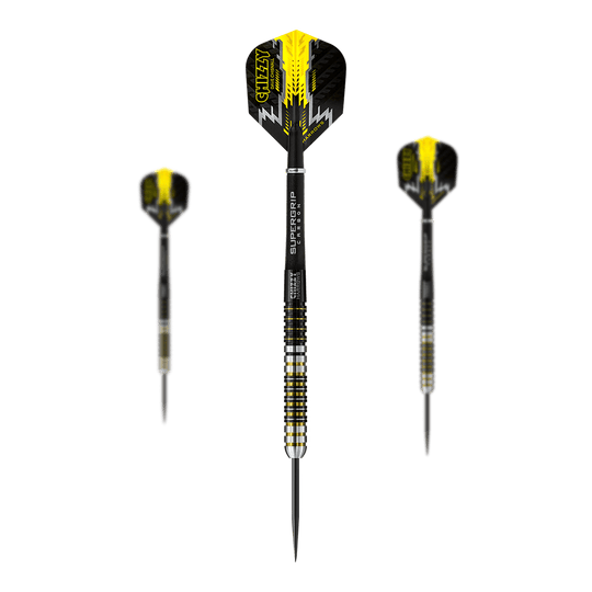 Harrow's Dave Chisnall Chizzy steel darts Das Bild zeigt drei Steeldarts des Modells "Harrows Dave Chisnall Chizzy". Die Darts sind schwarz-gelb gestaltet und haben die Aufschrift "CHIZZY" auf den Flights.