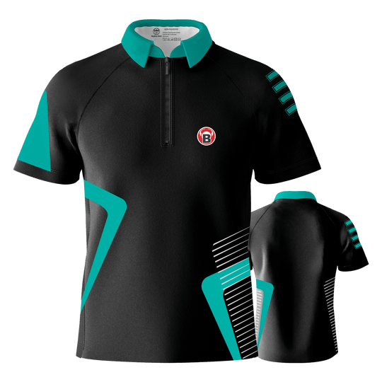 Bulls Team Dart Shirt - Mint Das Bild zeigt das Bulls Team Dartshirt in der Farbe Mint. Das Shirt ist überwiegend schwarz mit mintfarbenen Akzenten und einem kleinen Logo auf der Brust.