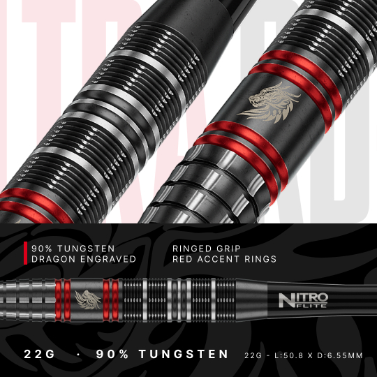 Die Red Dragon Jonny Clayton RD-ULTRA Switch Point Steeldarts mit 22 Gramm sind auf dem Bild abgebildet. Die Darts sind aus einem anderen Blickwinkel aufgenommen.