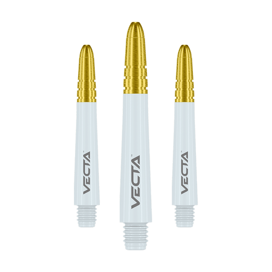 Das Bild zeigt drei Dartschafts mit weißen Körpern und goldfarbenen Spitzen. Auf jedem Schaft steht das Wort "VECTA".