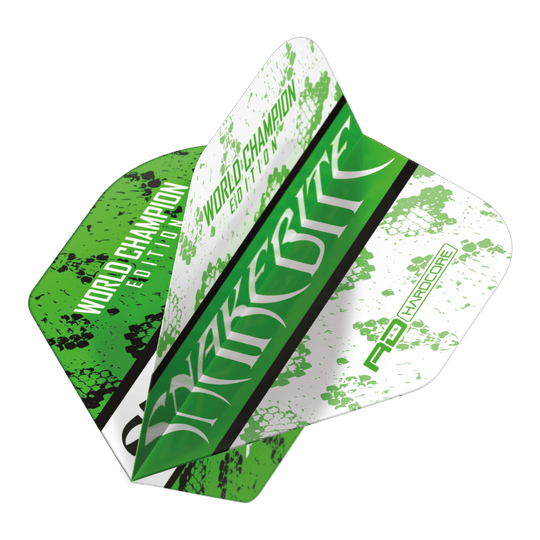 Red Dragon Peter Wright Snakebite Green White Yin Yang Standard Flights Das Bild zeigt ein Dart-Flight mit grün-weißem Design und dem Aufdruck "Snakebite" sowie "World Champion Edition". Es handelt sich um das Modell "Red Dragon Peter Wright Snakebite Green White Yin Yang Standard Flights".