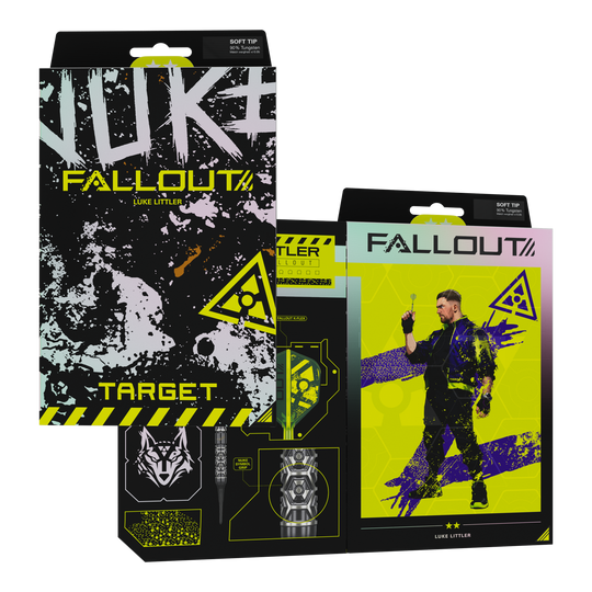 Target Luke Littler Nuke Fallout Soft Darts - 19g Das Foto zeigt die Target Luke Littler Nuke Fallout Softdarts - 19g. Das Produkt eignet sich für den Softdartbereich.