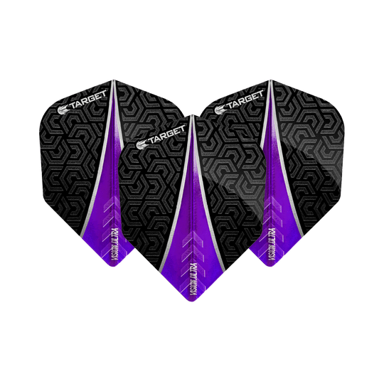 TG56_331000_Target_Vision_Ultra_Purple_No6_Flights_1zczejHmMopWRu Das Bild zeigt drei Target Vision Ultra Purple No6 Flights. Die Flights sind schwarz mit einem lila Streifen und geometrischem Muster gestaltet.