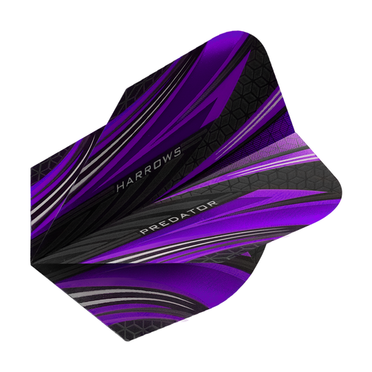 Das Bild zeigt das Produkt "Harrows Prime Predator Purple No2 Standard Flights". Die Dart-Flights sind in Lila, Schwarz und Silber gestaltet und haben ein modernes, dynamisches Muster.