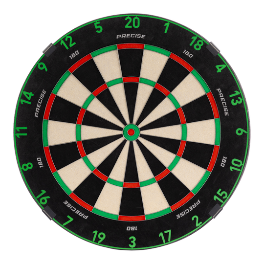 Precise 180 Endorphine Steel Dartboard with Numbered Ring - Emerald Green Zu sehen ist ein Precise 180 Endorphine Steeldartboard mit Nummernring. Es bietet ein klassisches Dartboard-Design.