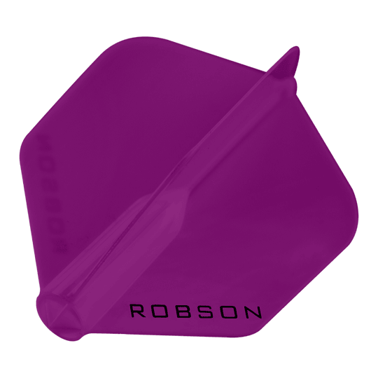Robson Plus Flights - Standard Das Bild zeigt ein violettes Dartflight mit sechseckiger Form. Auf dem Flight steht das Wort "ROBSON" in schwarzen Buchstaben.