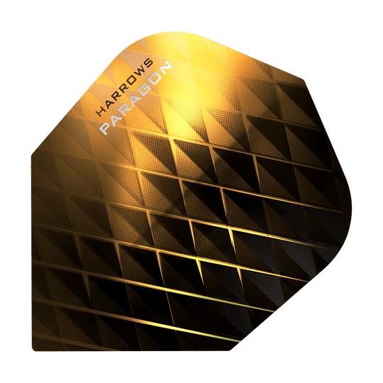 HR7605_Harrows_Paragon_Gold_No2_Standard_Flights_1 Das Bild zeigt ein goldfarbenes Dart-Flight mit geometrischem Muster. Auf dem Flight steht der Text „Harrows Paragon“.