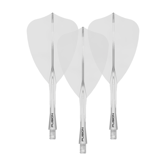 Ein Bild zeigt einen Flight Shaft, vermutlich für Darts. Das Produkt wird durch den Dateinamen als 'Winmau Fusion Flight Shaft System Arrow Clear 28mm 1Set' beschrieben.