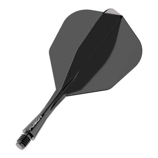 Winmau Fusion Flight Shaft System No6 Black Das Bild zeigt ein schwarzes Dart Flight-Schaft-System. Es trägt den Schriftzug "FUSION" auf dem Schaft und hat eine glänzende Oberfläche.