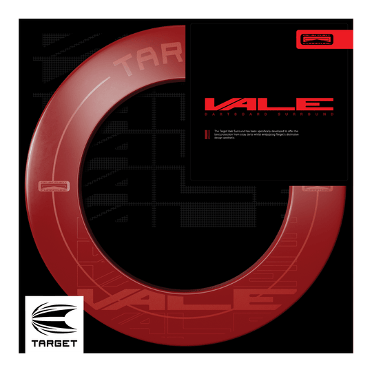 Target VALE Dartboard Surround Das Bild zeigt das Produkt "Target VALE Dartboard Surround" in einem auffälligen roten Design. Es wurde speziell entwickelt, um den bestmöglichen Schutz für Wände beim Dartspiel zu bieten.