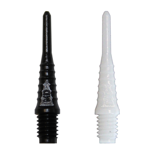 990_McDart_Evo_Grip5992fa9294a61 Das Bild zeigt zwei McDart Evo Grip Spitzen in den Farben Schwarz und Weiß. Diese Spitzen sind Ersatzteile für Softdarts und werden im 500er Pack angeboten.