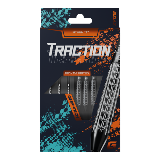 Die Abbildung zeigt die Verpackung der "GOAT Traction Tungsten Steeldarts" mit Stahlspitzen. Auf der Vorderseite ist das auffällige Design und der Hinweis auf 80% Tungsten sowie GRIPTECH deutlich sichtbar.