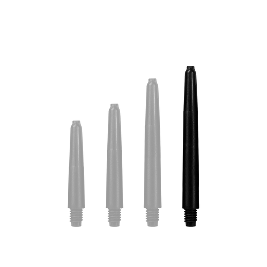 568_Nylon_Shafts_Schwarz_48mm_1nlixYWgZLdZtU Das Bild zeigt vier schwarze Nylon-Schäfte in unterschiedlicher Länge. Sie sind nebeneinander angeordnet und werden vermutlich für Dartpfeile verwendet.