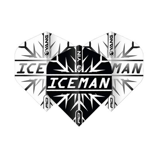 Red Dragon Gerwyn Price Iceman Black White Yin Yang Standard Flights Das Bild zeigt Dart-Flights in einem Yin-Yang-Design in Schwarz und Weiß mit dem Schriftzug "ICEMAN" in der Mitte. Das Muster erinnert an Eiskristalle und trägt das Markenlogo "Red Dragon".