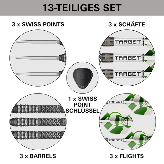 Target Charlie Manby Swiss Points steel darts Das Bild zeigt die Target Charlie Manby Swiss Points Steeldarts. Sie eignen sich für professionelle Dartspieler.