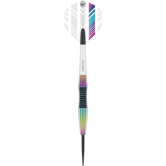 1451_Winmau_Elektra_Steeldarts_1k37Ld7xdjK6ib Das Bild zeigt einen Winmau Elektra Steeldartpfeil. Der Dart hat ein bunt-schimmerndes Barrel und einen weißen Flight mit violetten und blauen Streifen.