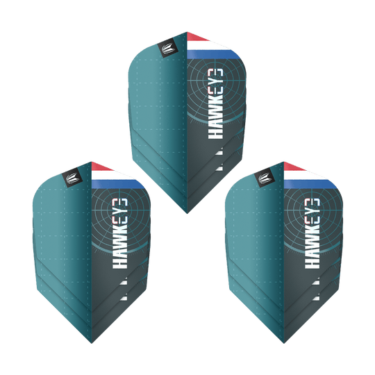Das Bild zeigt drei Sätze der Target Pro Ultra Kevin Doets GEN1 No6 Flights. Die Flights sind blau-grün und haben das Wort "Hawkeye" sowie ein Target-Design und eine kleine Flagge.