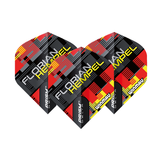 6915-259_Winmau_Prism_Delta_Florian_Hempel_Metallic_Standard_Flights_1GLvDUjQzzz7C2 Das Bild zeigt drei Dart-Flights des Modells "Winmau Prism Delta Florian Hempel Metallic Standard". Die Flights haben ein modernes Design in Schwarz, Rot und Gelb mit dem Namen "Florian Hempel" und dem Winmau-Logo darauf.
