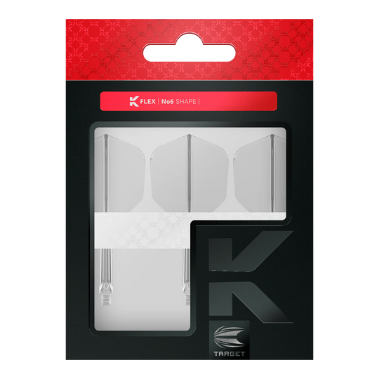 Target K-Flex No6 Flight System - Clear Das Bild zeigt eine Verpackung mit drei klaren Dart-Flights und Schäften der Marke Target. Die Verpackung ist schwarz und rot gestaltet und trägt die Aufschrift „K FLEX | No6 SHAPE“.