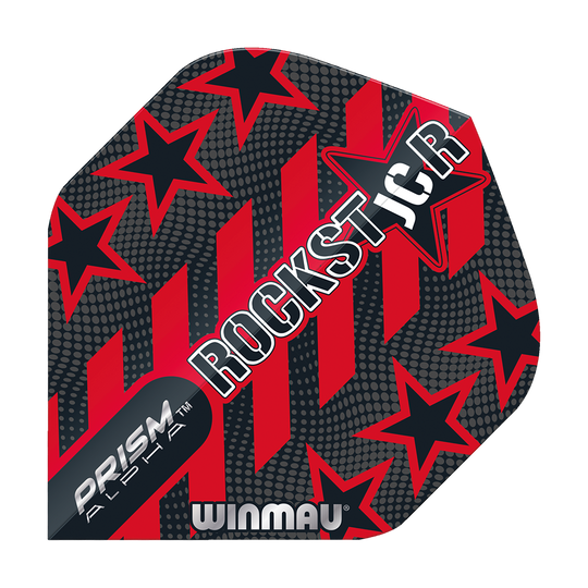 6915-198_Winmau_Prism_Alpha_Joe_Cullen_Standard_Flights_1 Das Bild zeigt ein Winmau Prism Alpha Joe Cullen Standard Flight für Darts. Das Design ist schwarz und rot mit Sternen und den Wörtern „ROCKST★R“ darauf.