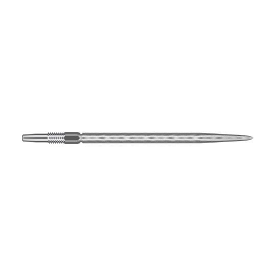 Target Swiss Point Nano Dart Tips - Silver Das Bild zeigt eine silberne Dartspitze mit feiner Riffelung. Sie ist lang und schlank gestaltet und besitzt präzise eingearbeitete Details.