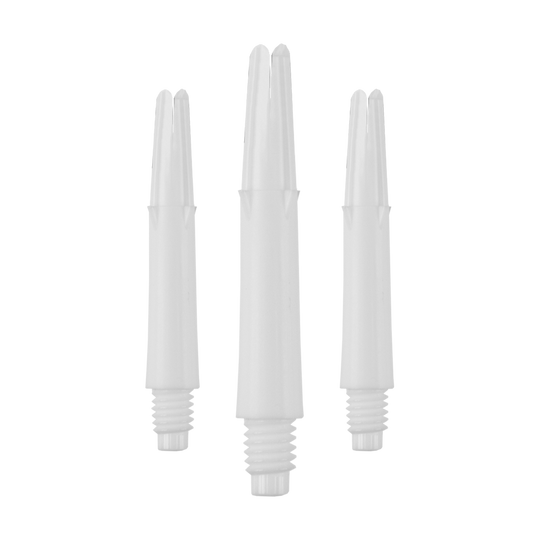 Auf dem Bild sind drei weiße, gerade Dartschäfte ohne Kappen zu sehen. Sie sind nebeneinander in aufrechter Position angeordnet.