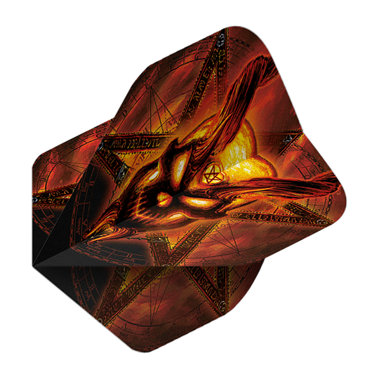 Das Bild zeigt das Produkt „Alchemy Burning Temple No2 Standard Flights“. Es hat ein auffälliges, feuriges Design mit einem brennenden Motiv und mystischen Symbolen.