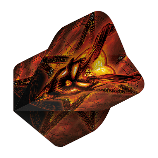 Alchemy Burning Temple No2 Standard Flights Das Bild zeigt das Produkt „Alchemy Burning Temple No2 Standard Flights“. Es hat ein auffälliges, feuriges Design mit einem brennenden Motiv und mystischen Symbolen.