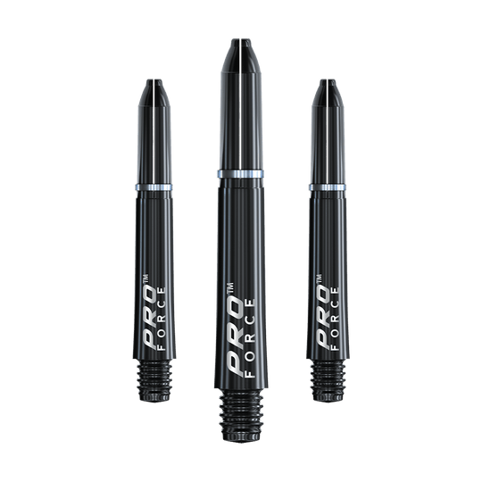 7011_101_Winmau_Pro-Force_Shafts_Schwarz_35mm_1X6BcI0vwD5EeC Das Bild zeigt drei schwarze Winmau Pro-Force Shafts für Darts. Auf den Shafts steht der Schriftzug "PRO FORCE" in weißer Farbe.