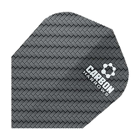 HR51_Harows_Carbon_No6_Flights_Grau_1 Das Bild zeigt das Produkt "Harrows Carbon Flights HR51". Es hat ein schwarz-graues Karbonmuster mit weißem Logoaufdruck.