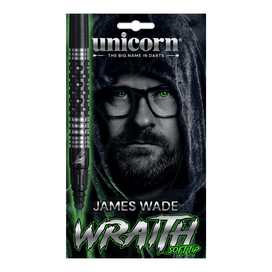 Abgebildet sind die Unicorn Wraith James Wade Softdarts - 19g. Die Darts haben ein schlankes Design für präzises Werfen.