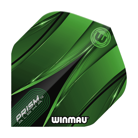 Winmau Alpha Sniper Green Standard Flights Das Bild zeigt ein Winmau Alpha Sniper Green Standard Flight für Darts. Das Flight ist überwiegend grün mit schwarzen und weißen Designelementen und trägt die Aufschriften "PRISM ALPHA" und "WINMAU".