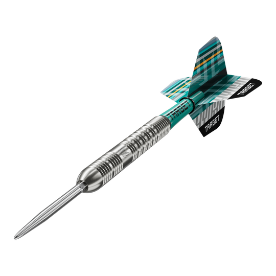 Das Produkt Target Hydro 01 Swiss Point Steeldarts wird auf diesem Bild gezeigt. Die Abbildung legt den Fokus auf die Besonderheiten der Darts.